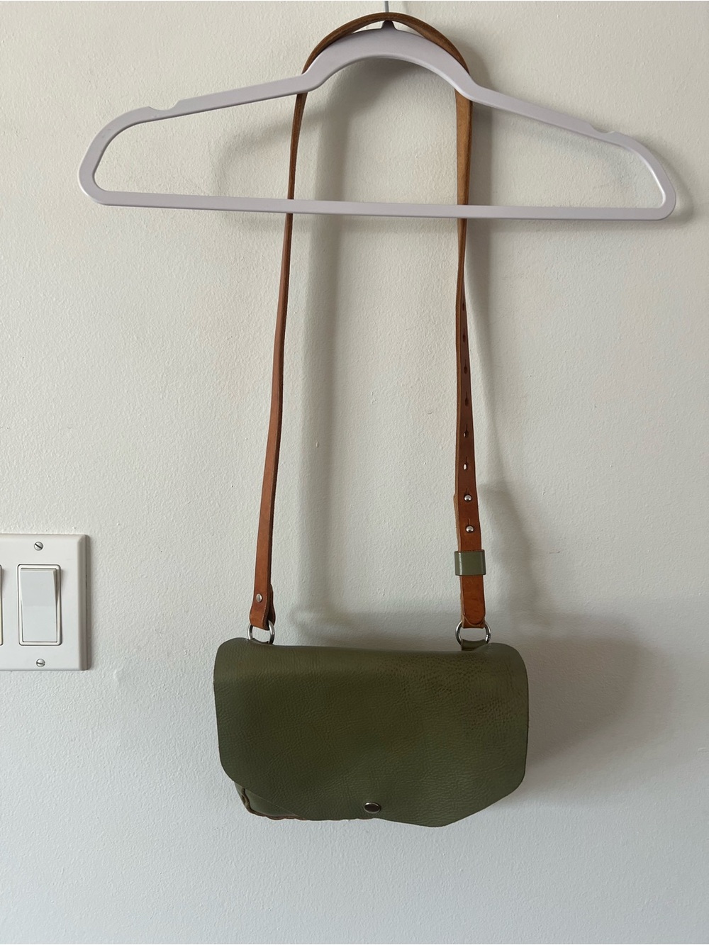 Kindmade Handmade Purse Bag Olive Green Crossbody Bag with Tan Strap